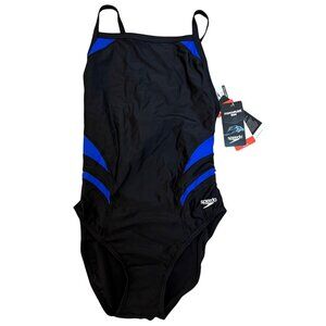 Speedo One Piece Swimsuit 12 Tone Setter Splice Flyback Black Blue Competitive